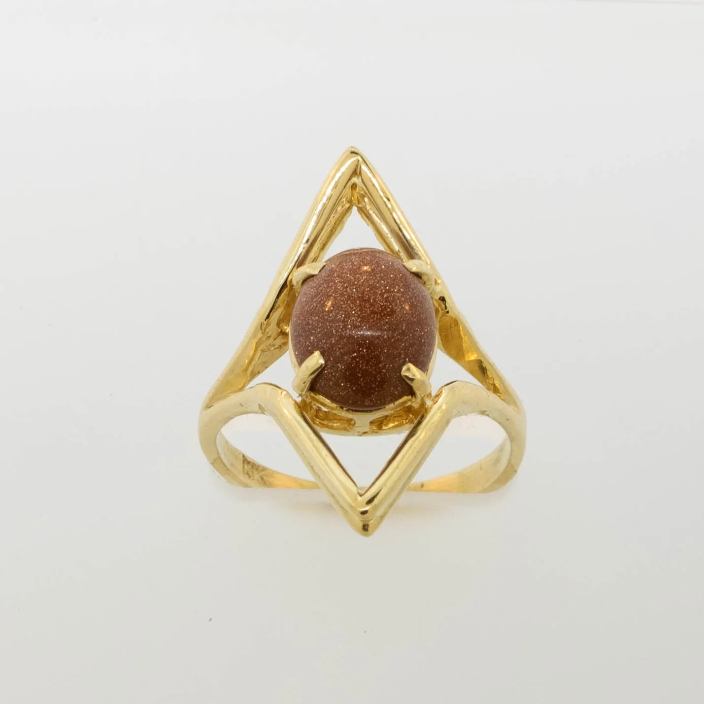 18K Yellow Gold Goldstone Statement Geometric Ring Size 6 Preowned Jewelry