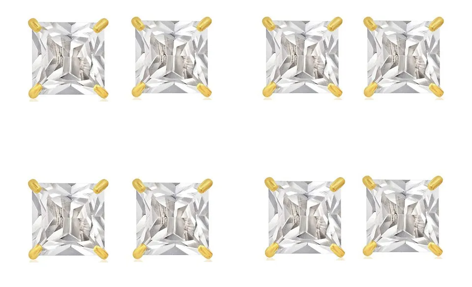 18k Yellow Gold Plated 1Ct Square Cut White Sapphire Set Of Four Stud Earrings