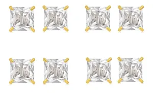 18k Yellow Gold Plated 1Ct Square Cut White Sapphire Set Of Four Stud Earrings