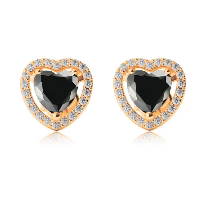 18k Yellow Gold Plated 2 Ct Created Halo Heart Black Sapphire Stud Earrings