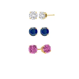 18k Yellow Gold Plated 3Ct Created White Sapphire, Blue Sapphire and Pink Sapphire 3 Pair Round Stud Earrings