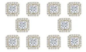 18k Yellow Gold Plated 4mm 2Ct Princess Cut White Sapphire Set of Five Halo Stud Earrings