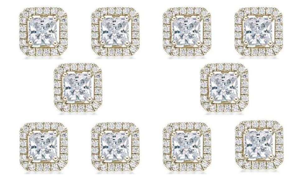 18k Yellow Gold Plated 4mm 2Ct Princess Cut White Sapphire Set of Five Halo Stud Earrings