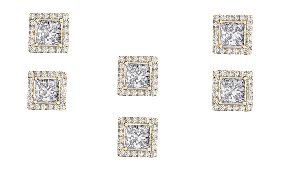 18k Yellow Gold Plated 6mm 1/2Ct Square Cut White Sapphire Set of Three Halo Stud Earrings