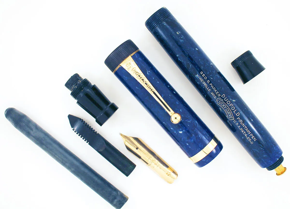 1927 PARKER DUOFOLD SENIOR BLUE LAPIS FOUNTAIN PEN IN RESTORED CONDITION WITH CRISP IMPRINT