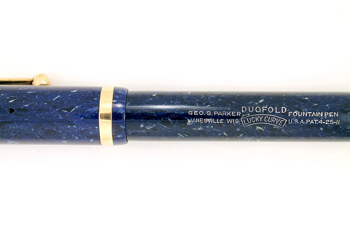 1927 PARKER DUOFOLD SENIOR BLUE LAPIS FOUNTAIN PEN IN RESTORED CONDITION WITH CRISP IMPRINT