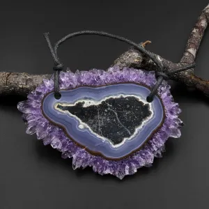 2 Hole Pendant Natural Amethyst Stalactite Flower Pendant Flat Slice Freeform One of a Kind P0175