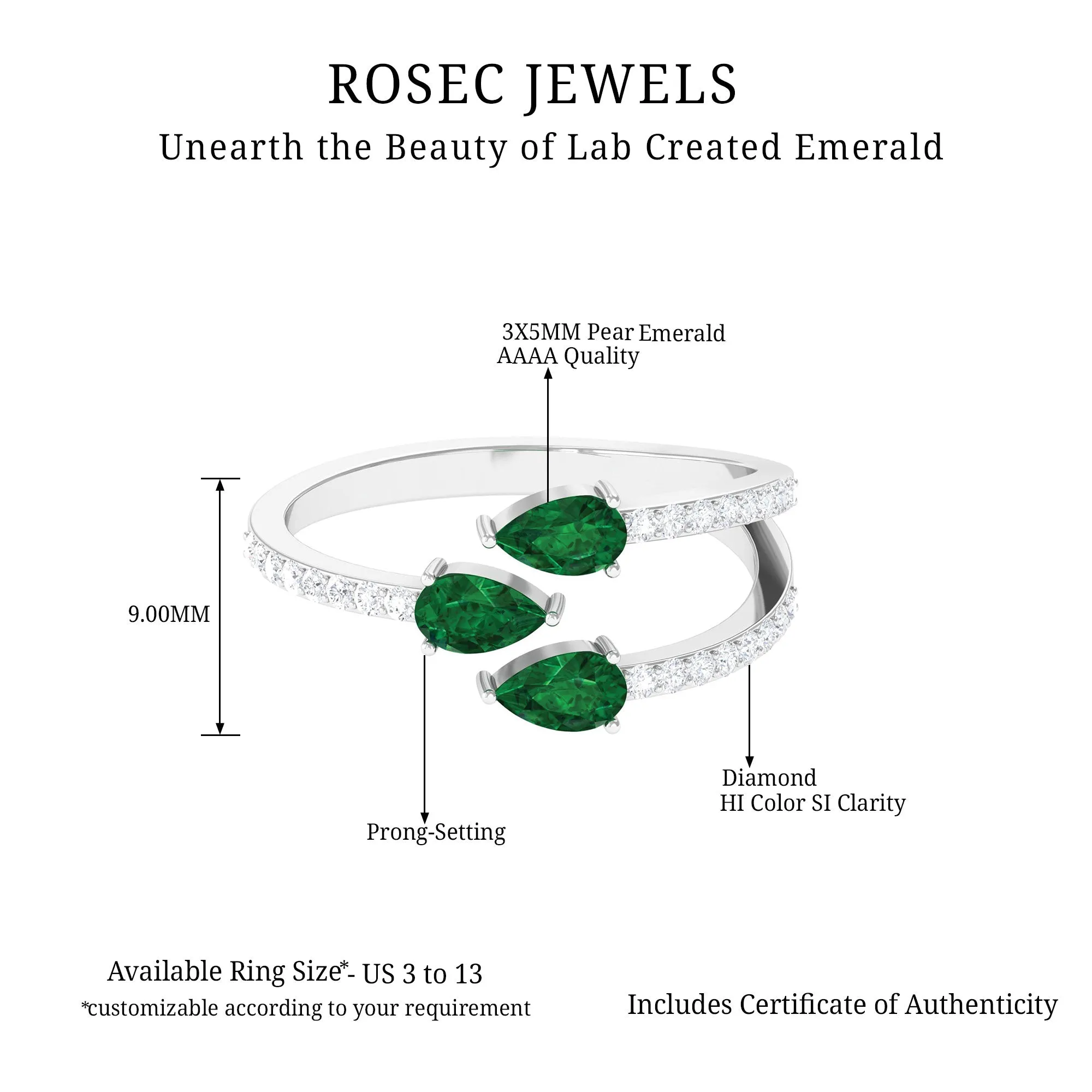 3 Stone Pear Shape Created Emerald Wrap Ring with Diamond