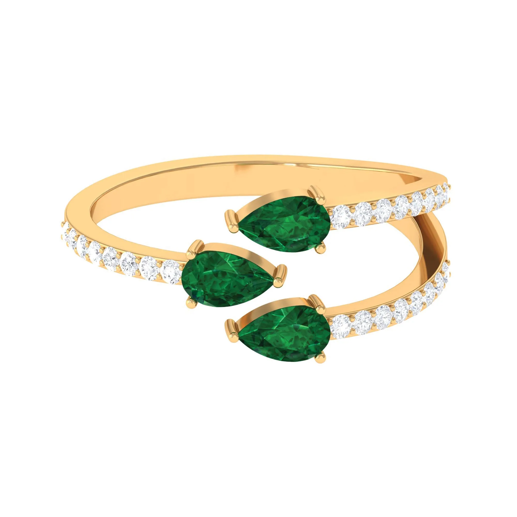 3 Stone Pear Shape Created Emerald Wrap Ring with Diamond