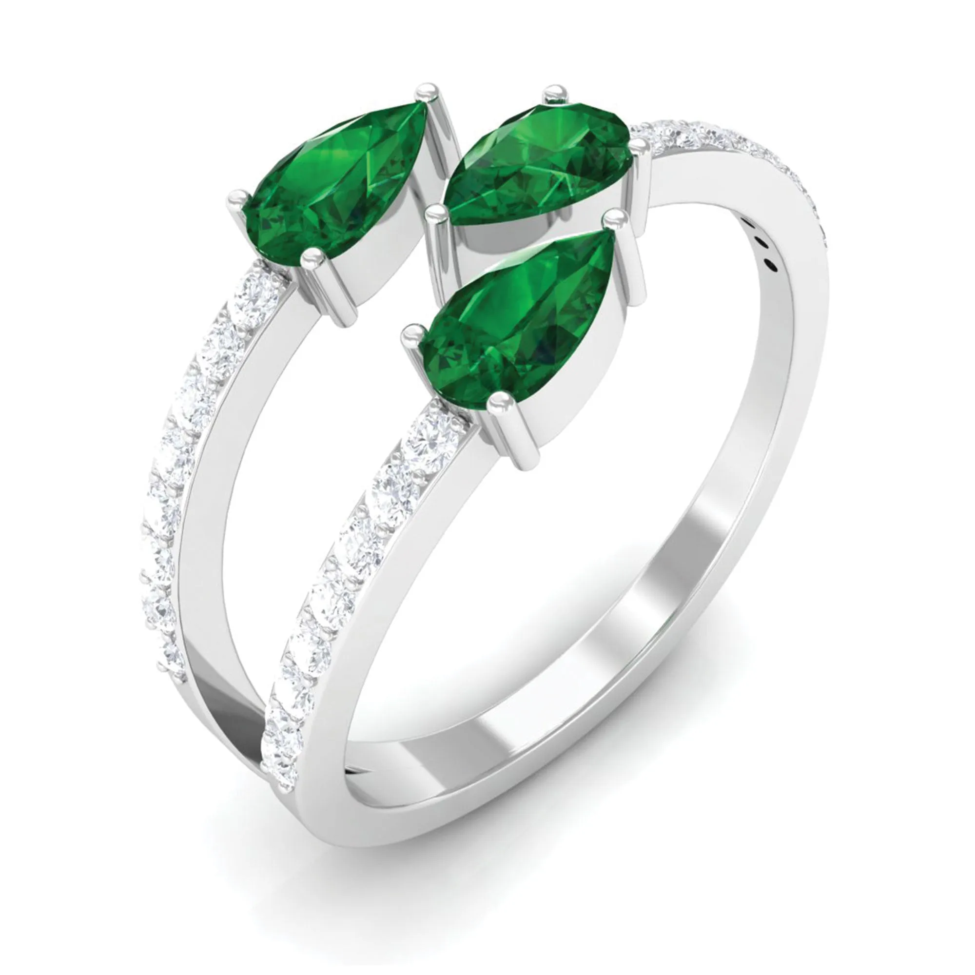 3 Stone Pear Shape Created Emerald Wrap Ring with Diamond