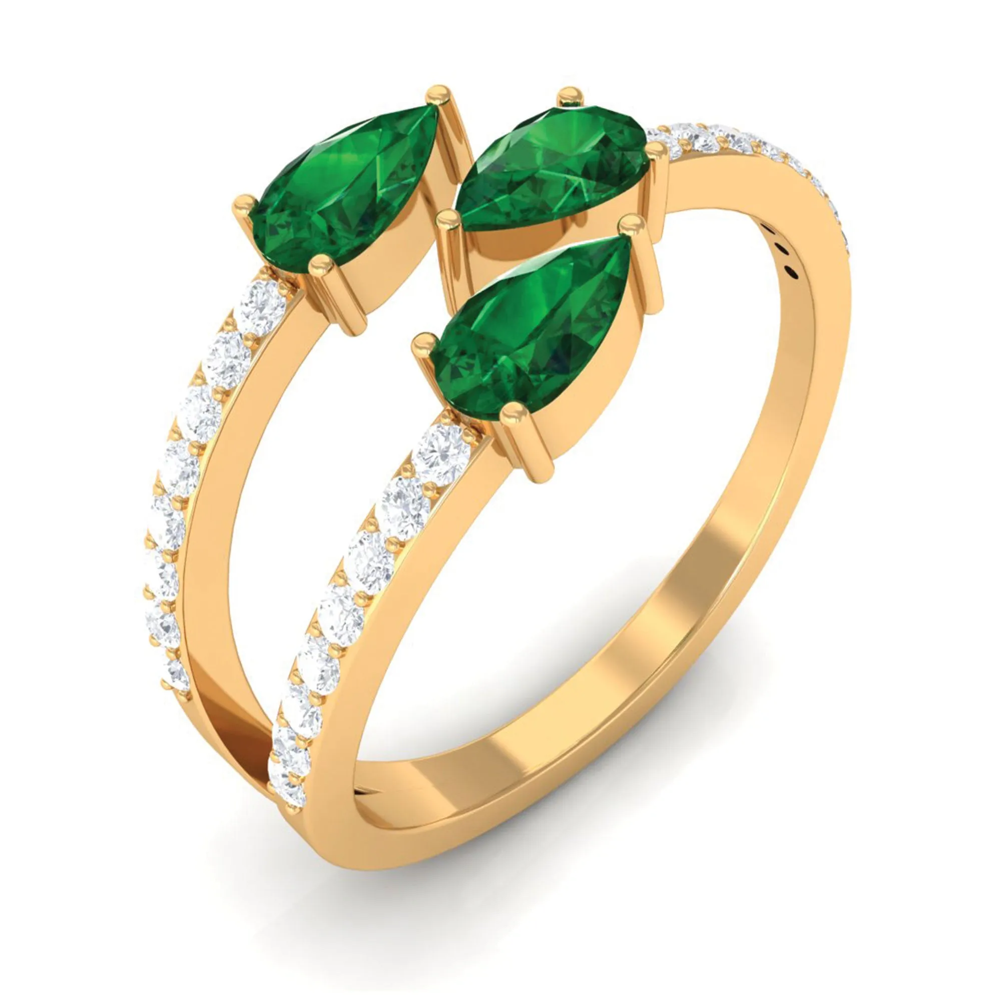 3 Stone Pear Shape Created Emerald Wrap Ring with Diamond