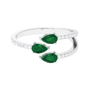 3 Stone Pear Shape Created Emerald Wrap Ring with Diamond