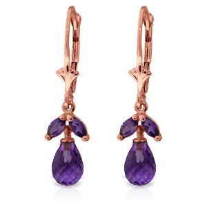 3.4 Carat 14K Solid Rose Gold Amethyst Briolette Drop Earrings