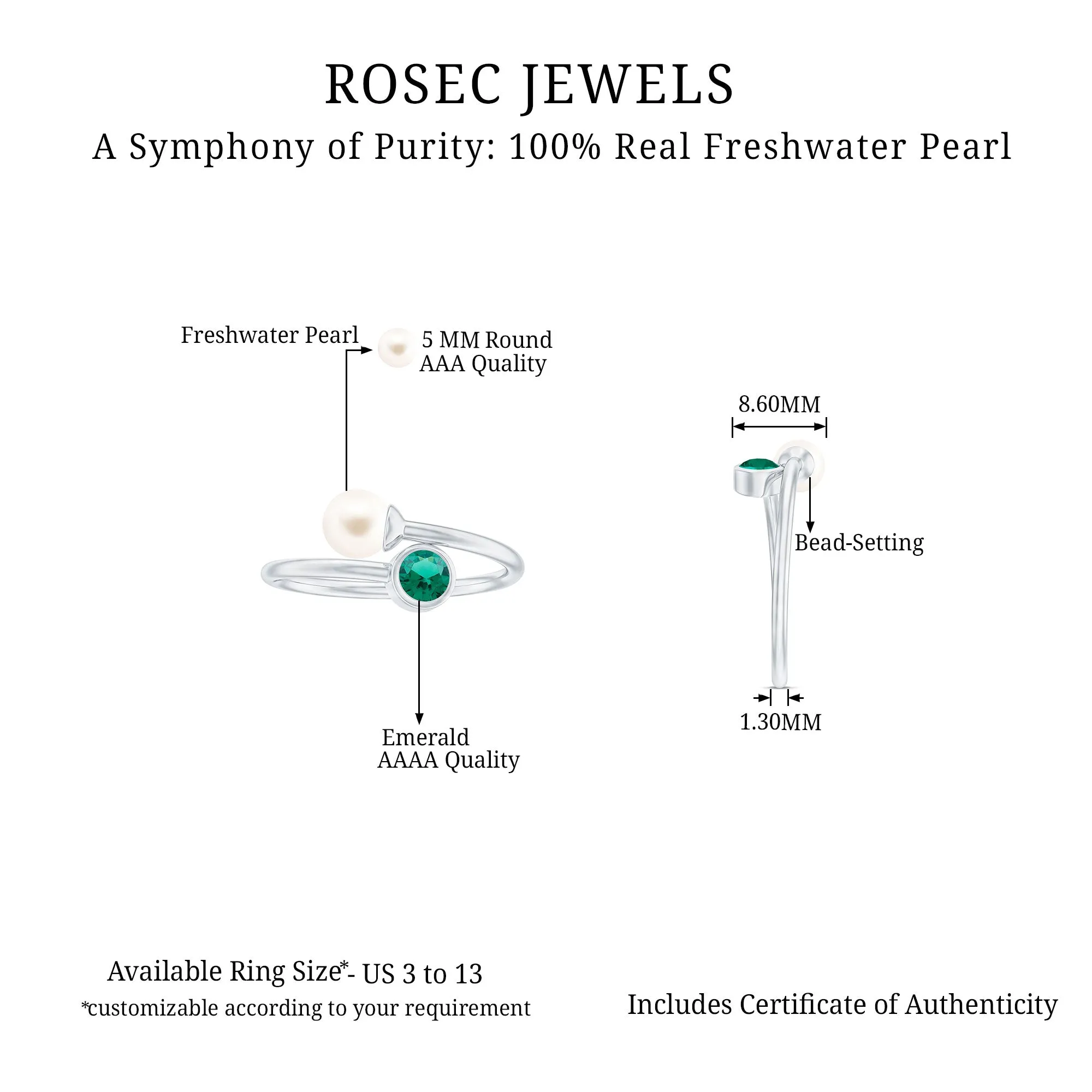 3/4 CT Freshwater Pearl and Created Emerald Two Stone Ring in Gold