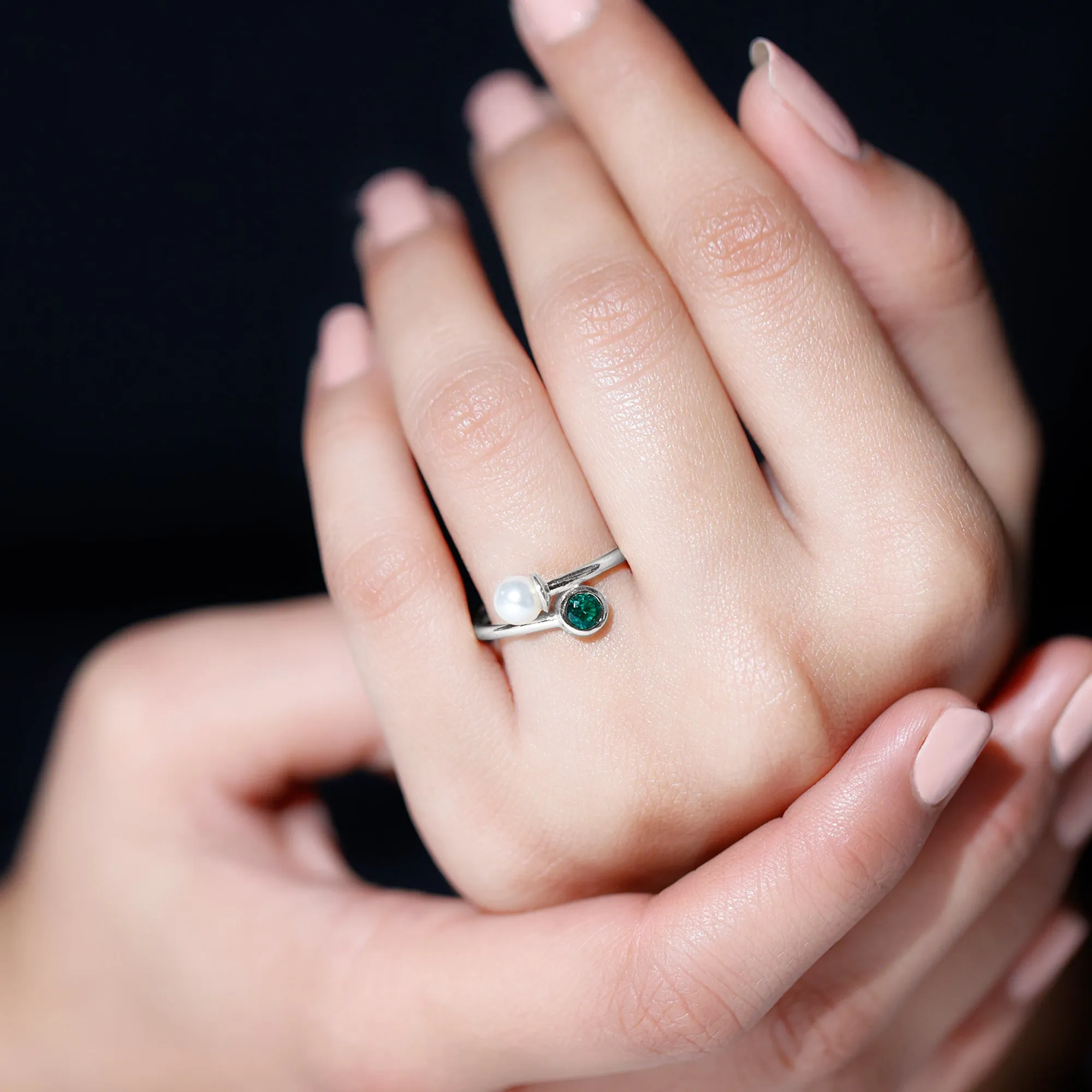 3/4 CT Freshwater Pearl and Created Emerald Two Stone Ring in Gold