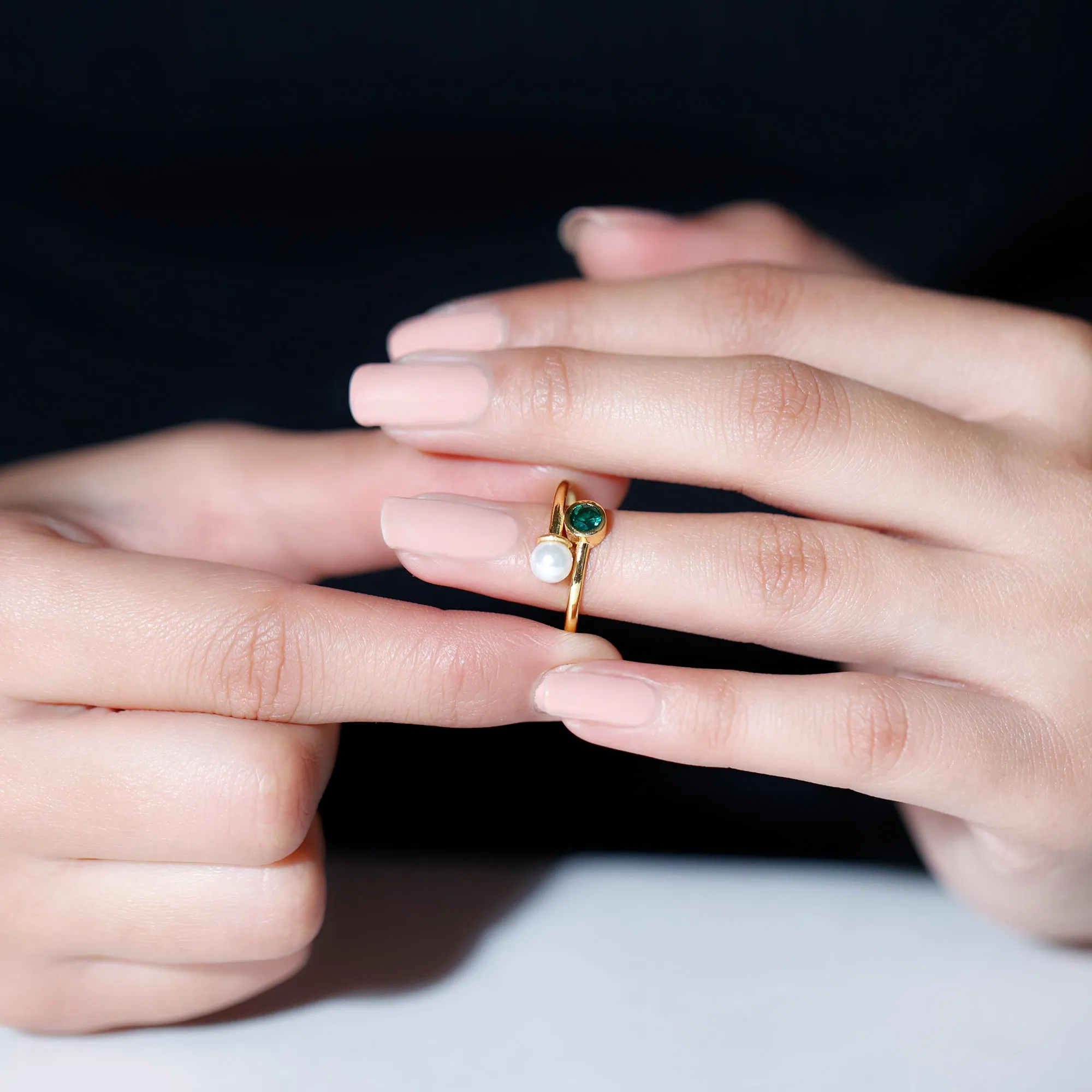 3/4 CT Freshwater Pearl and Created Emerald Two Stone Ring in Gold