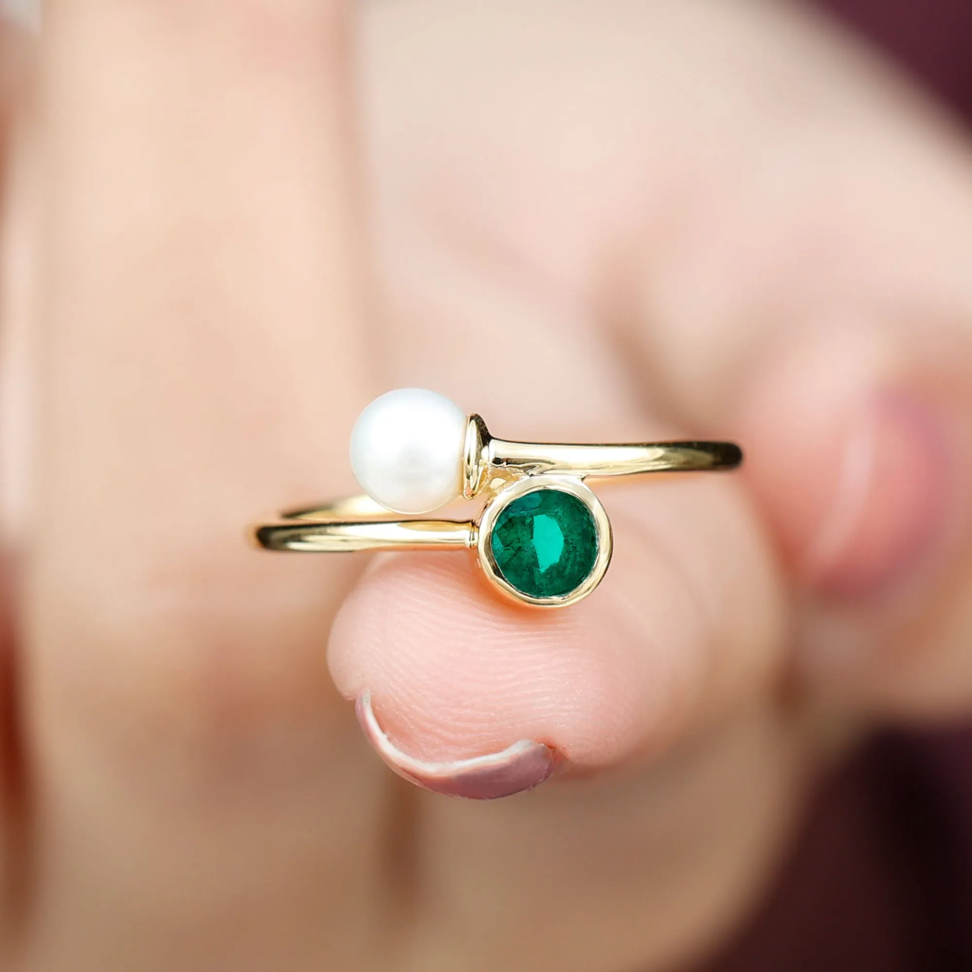 3/4 CT Freshwater Pearl and Created Emerald Two Stone Ring in Gold