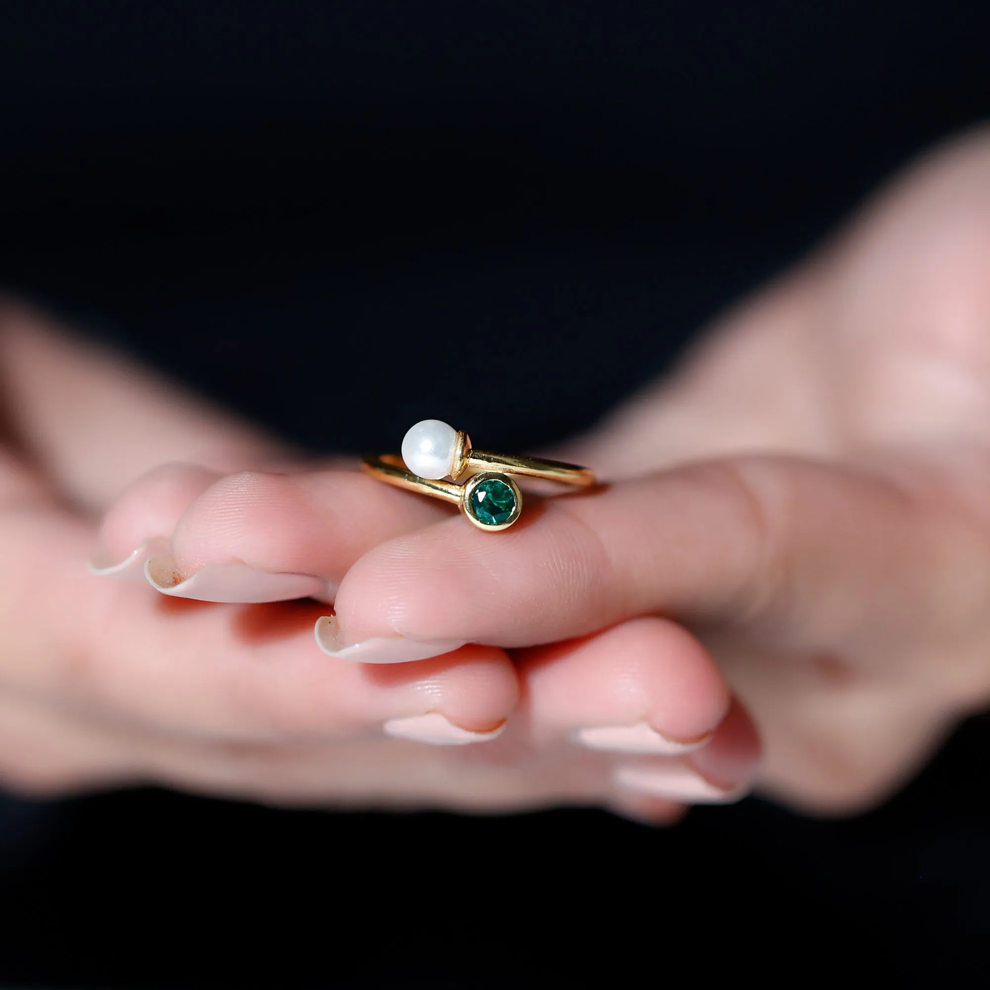 3/4 CT Freshwater Pearl and Created Emerald Two Stone Ring in Gold