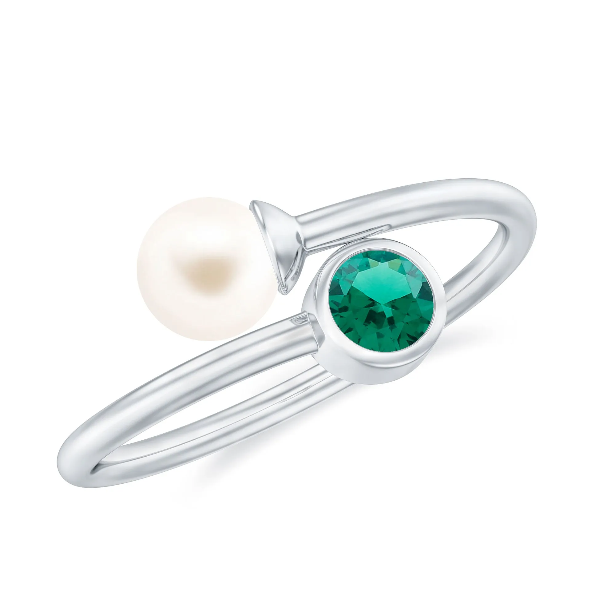 3/4 CT Freshwater Pearl and Created Emerald Two Stone Ring in Gold