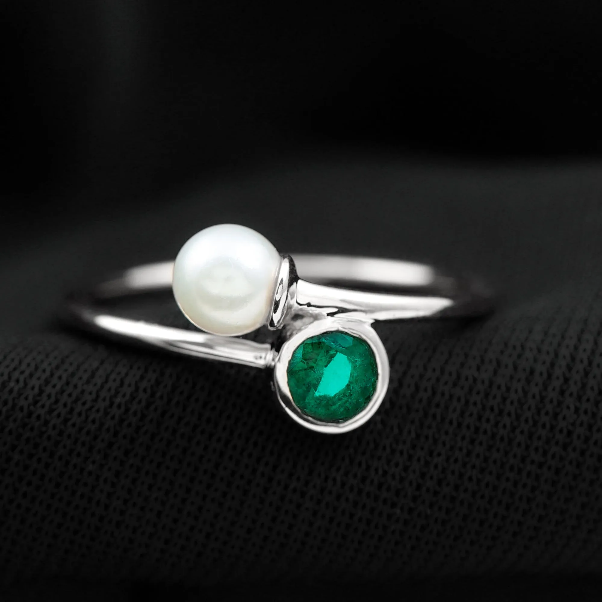 3/4 CT Freshwater Pearl and Created Emerald Two Stone Ring in Gold