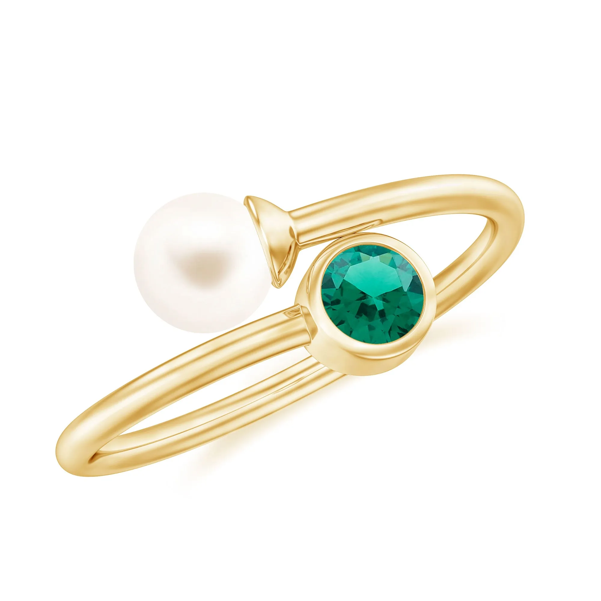 3/4 CT Freshwater Pearl and Created Emerald Two Stone Ring in Gold