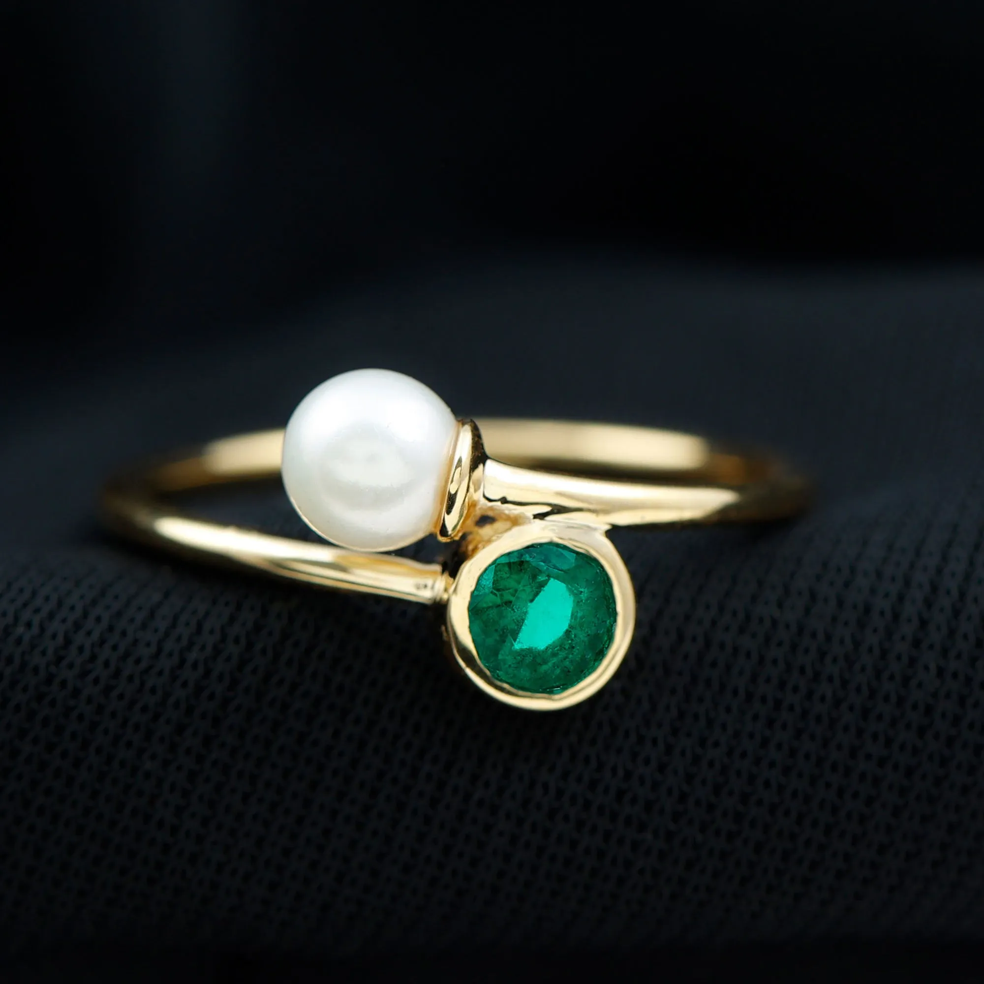 3/4 CT Freshwater Pearl and Created Emerald Two Stone Ring in Gold