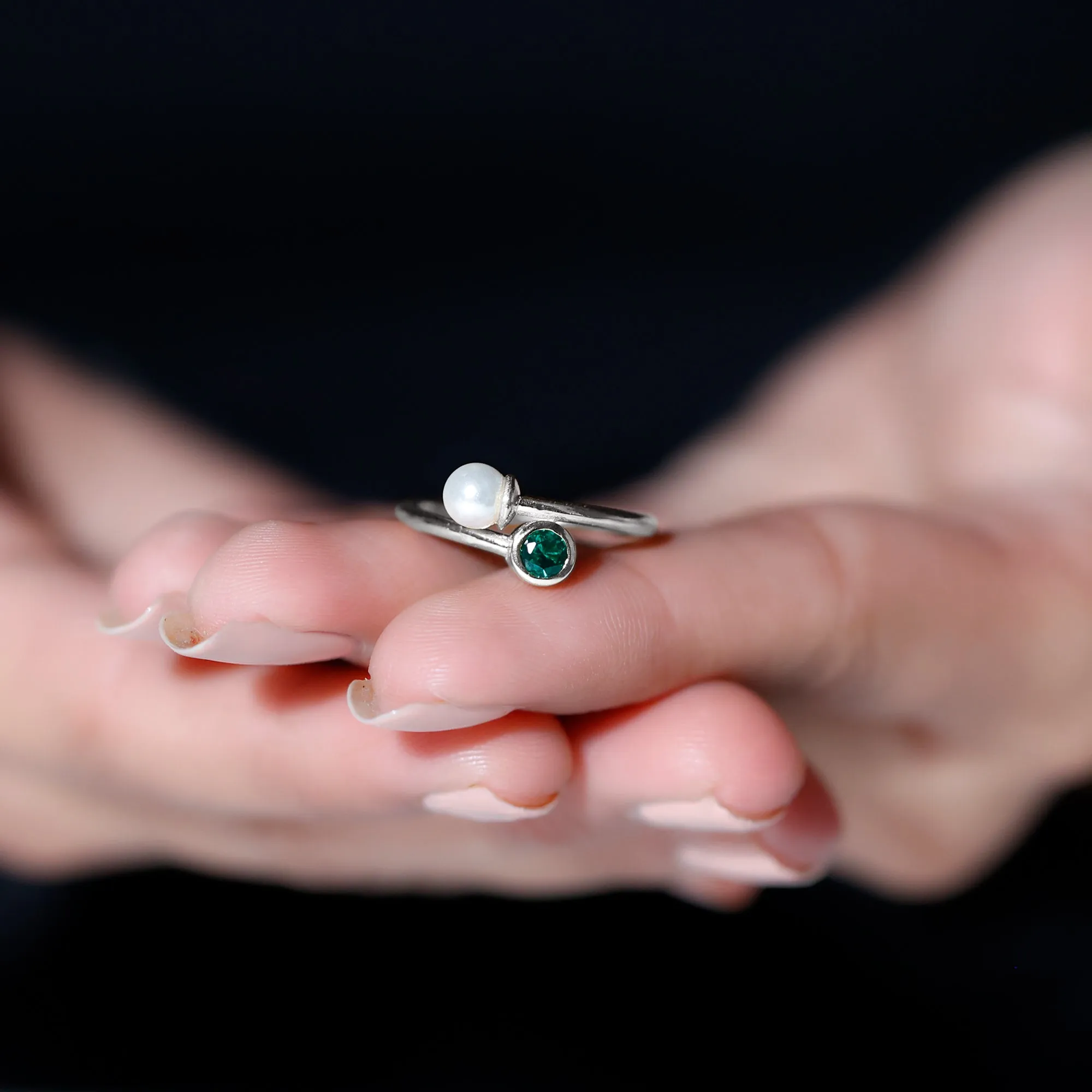 3/4 CT Freshwater Pearl and Created Emerald Two Stone Ring in Gold