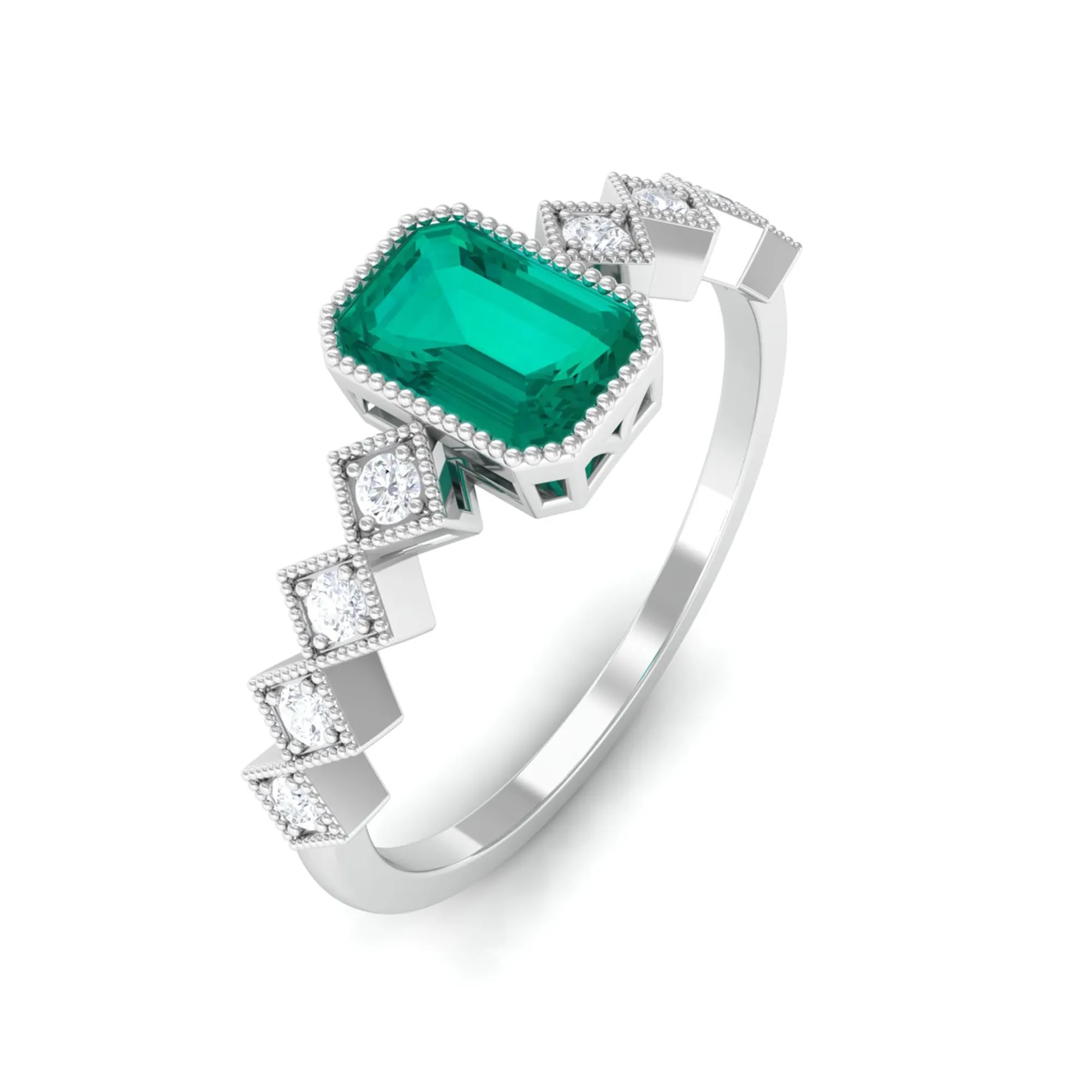 3/4 CT Octagon shape Solitaire Emerald Engagement Ring with Diamond