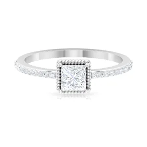 3/4 CT Princess Cut Zircon Solitaire Ring with Side Stones