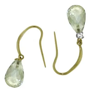 4.6 Carat 14K Solid Yellow Gold Fish Hook Earrings Diamond&green Amethyst