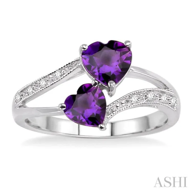 5 MM & 6 MM Heart Shape Amethyst and 1/20 Ctw Round Cut Diamond Ring in 14K White Gold