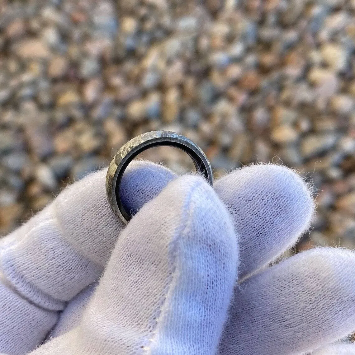 5mm Wide Authentic Meteorite Wedding Band with Black Titanium Sport Sleeve - Genuine Gibeon Meteorite Rings