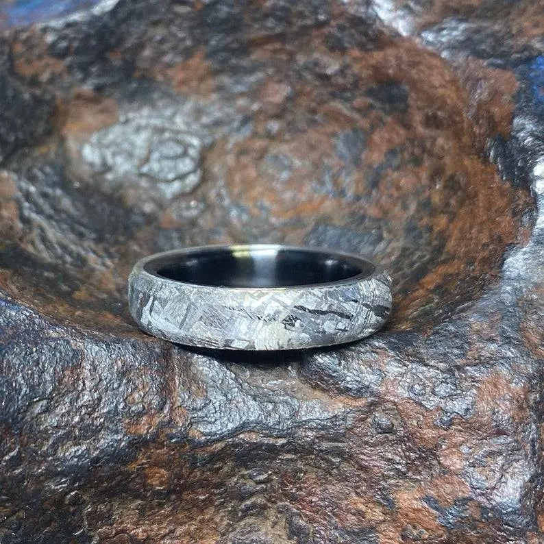 5mm Wide Authentic Meteorite Wedding Band with Black Titanium Sport Sleeve - Genuine Gibeon Meteorite Rings