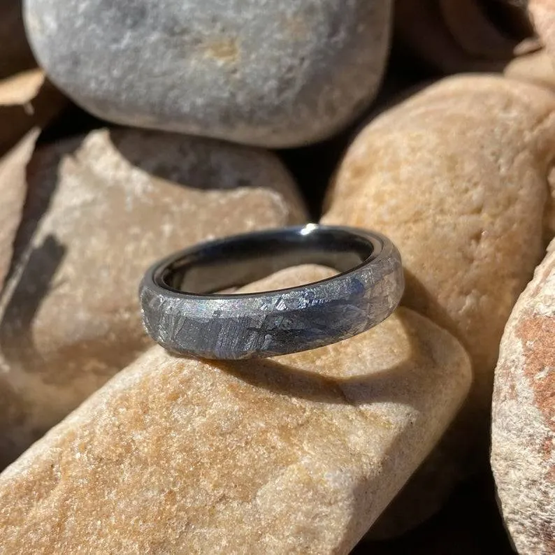 5mm Wide Authentic Meteorite Wedding Band with Black Titanium Sport Sleeve - Genuine Gibeon Meteorite Rings