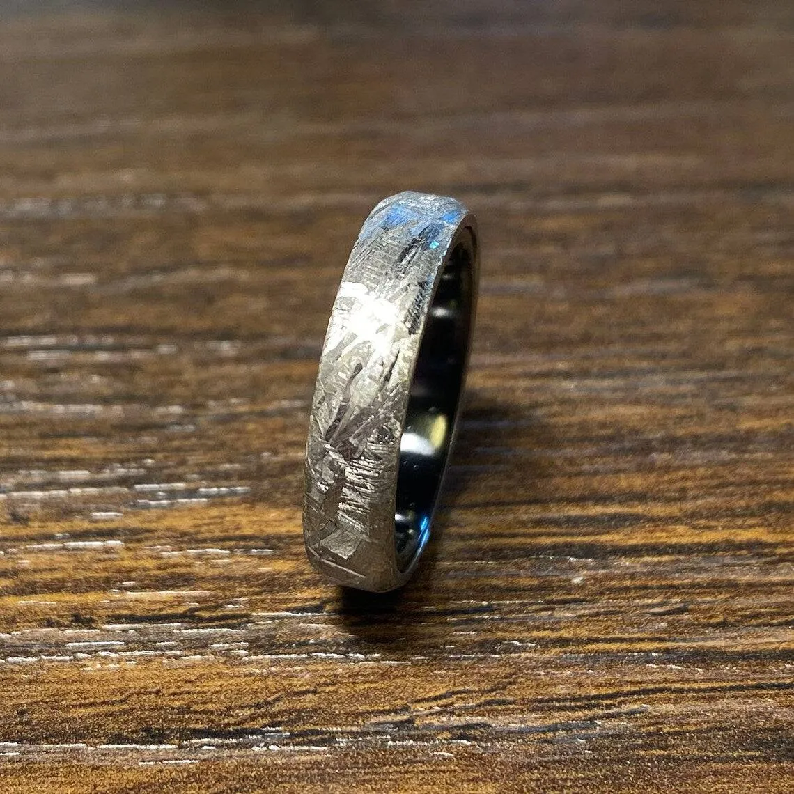 5mm Wide Authentic Meteorite Wedding Band with Black Titanium Sport Sleeve - Genuine Gibeon Meteorite Rings