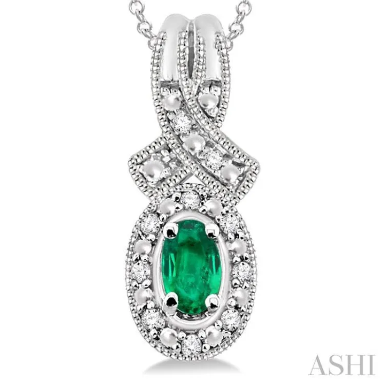 5x3 mm Oval Cut Emerald and 1/50 Ctw Single Cut Diamond Pendant in Sterling Silver with Chain