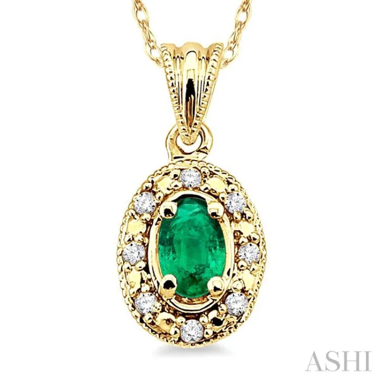 5x3 MM Oval Shape Emerald and 1/20 Ctw Single Cut Diamond Pendant in 14K Yellow Gold with Chain