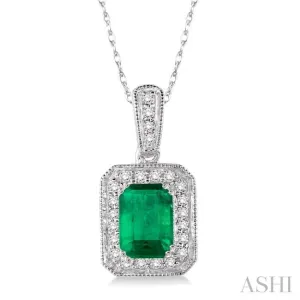 6x4  MM Emerald Shape Emerald and 1/5 Ctw Round Cut Diamond Pendant in 14K White Gold with Chain