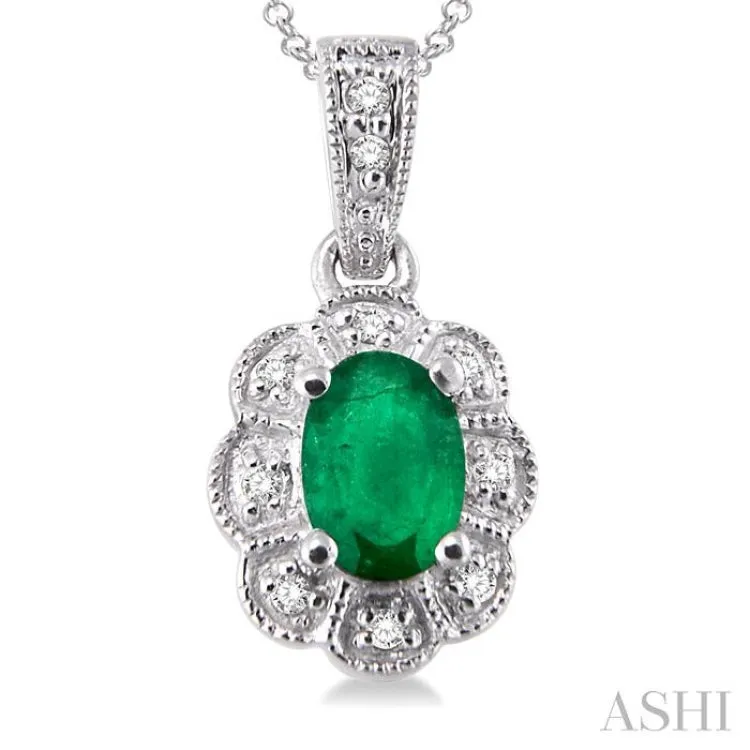 6x4 mm Oval Cut Emerald and 1/20 ctw Single Cut Diamond Pendant in Sterling Silver with Chain