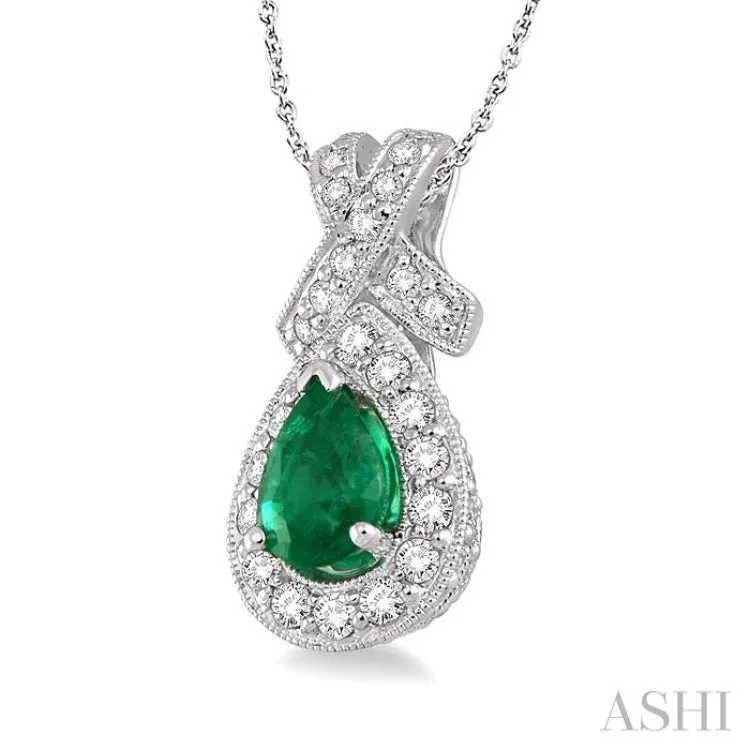 7x5mm Pear Shape Emerald and 1/2 Ctw Round Diamond Pendant in 14K White Gold with chain