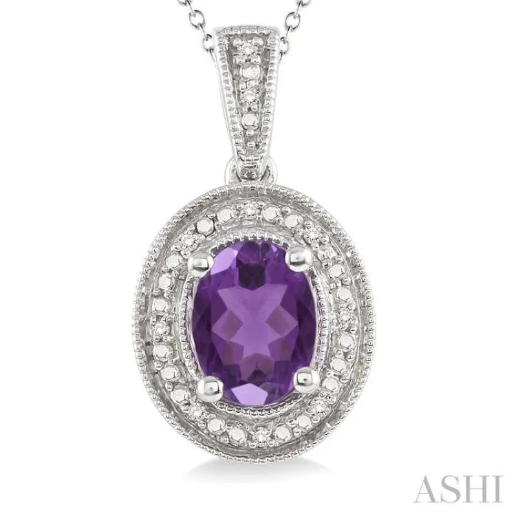 8x6 MM Oval Cut Amethyst and 1/20 Ctw Single Cut Diamond Pendant in Sterling Silver with Chain