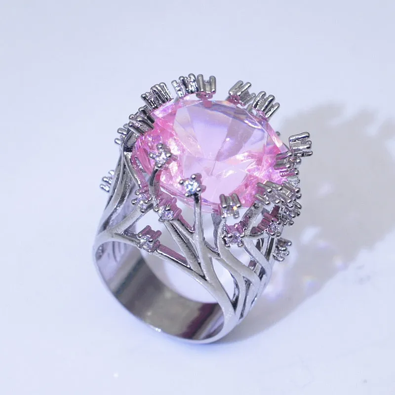 925 Sterling Pink Crystal Zircon Silver Ring