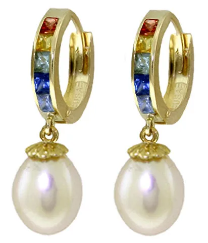 9.3 Carat 14K Solid White Gold Hoop Earrings Multicolor Sapphire Pearl