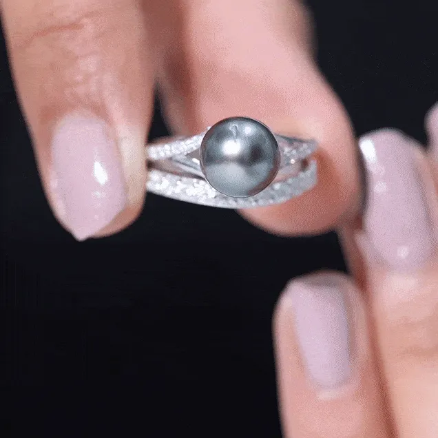 9.75 CT Tahitian Pearl Split Shank Engagement Ring and Moissanite Eternity Band