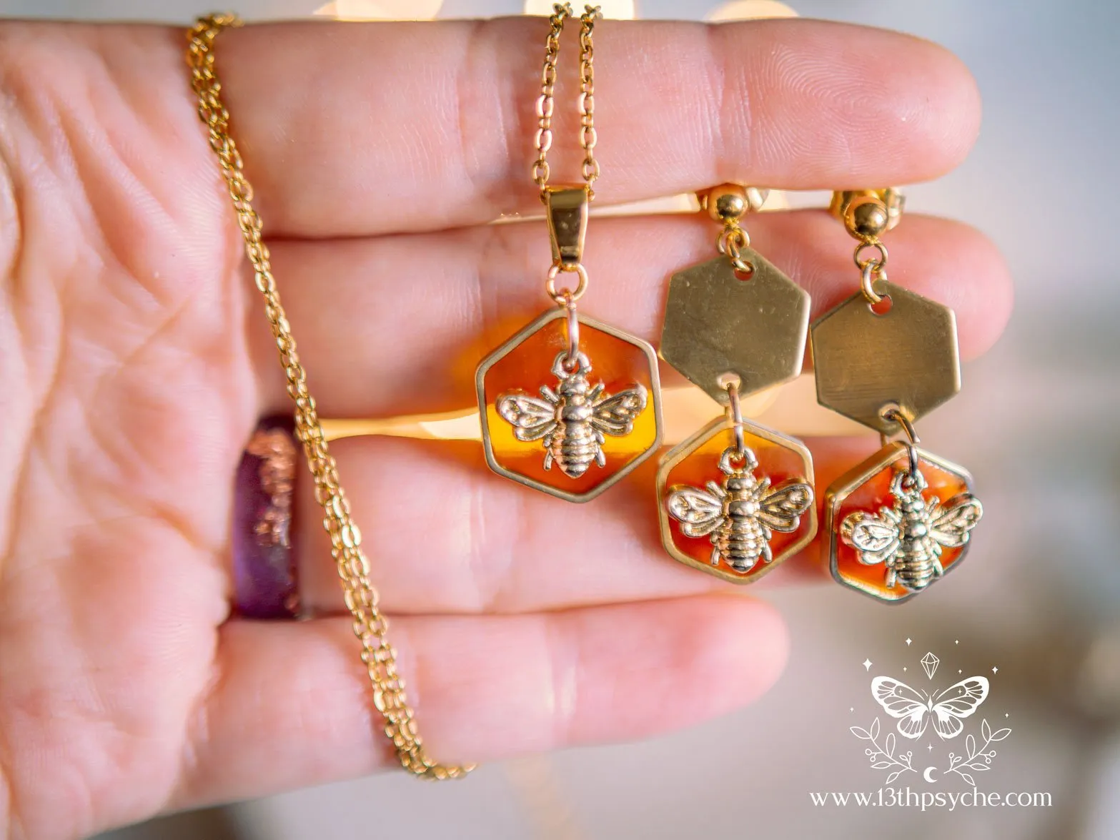 Amber hexagon and bees earrings and necklace set