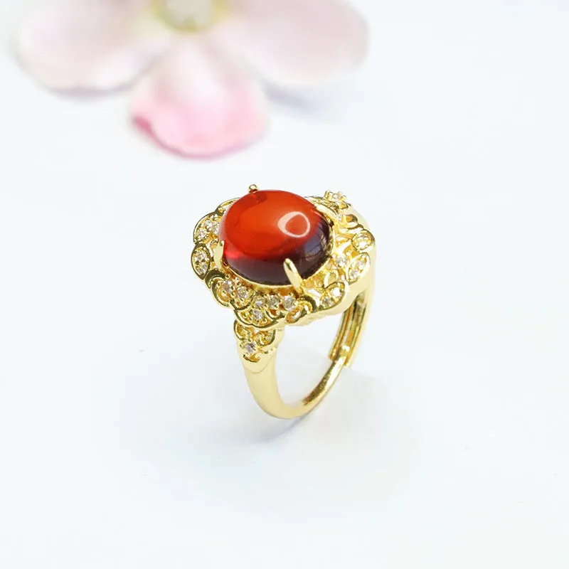 Amber Zircon Ruyi Palace Style Ring - Fortune's Favor in Sterling Silver