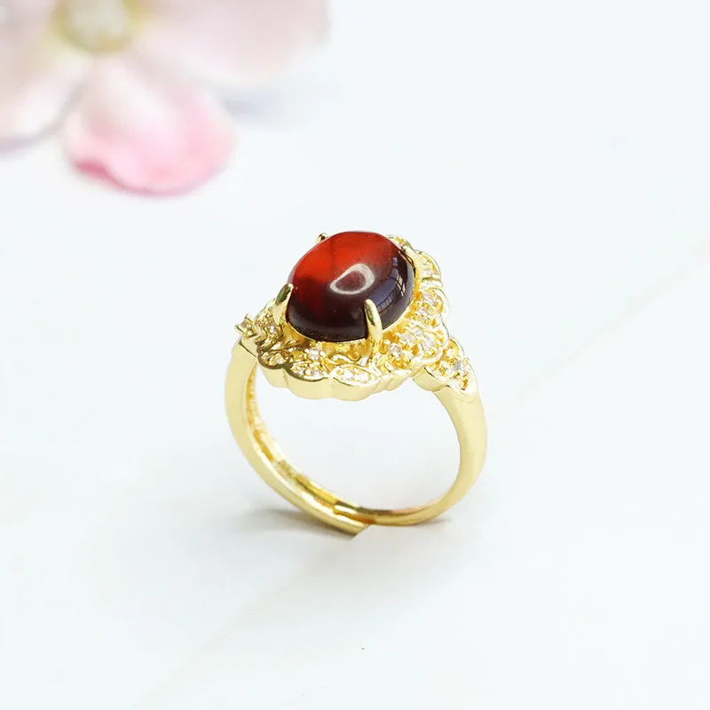 Amber Zircon Ruyi Palace Style Ring - Fortune's Favor in Sterling Silver