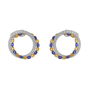 American Glamour 7.00Ct Blue and Yellow Sapphire and 2.46Ct Diamond Hoop Earrings in 18k White Gold