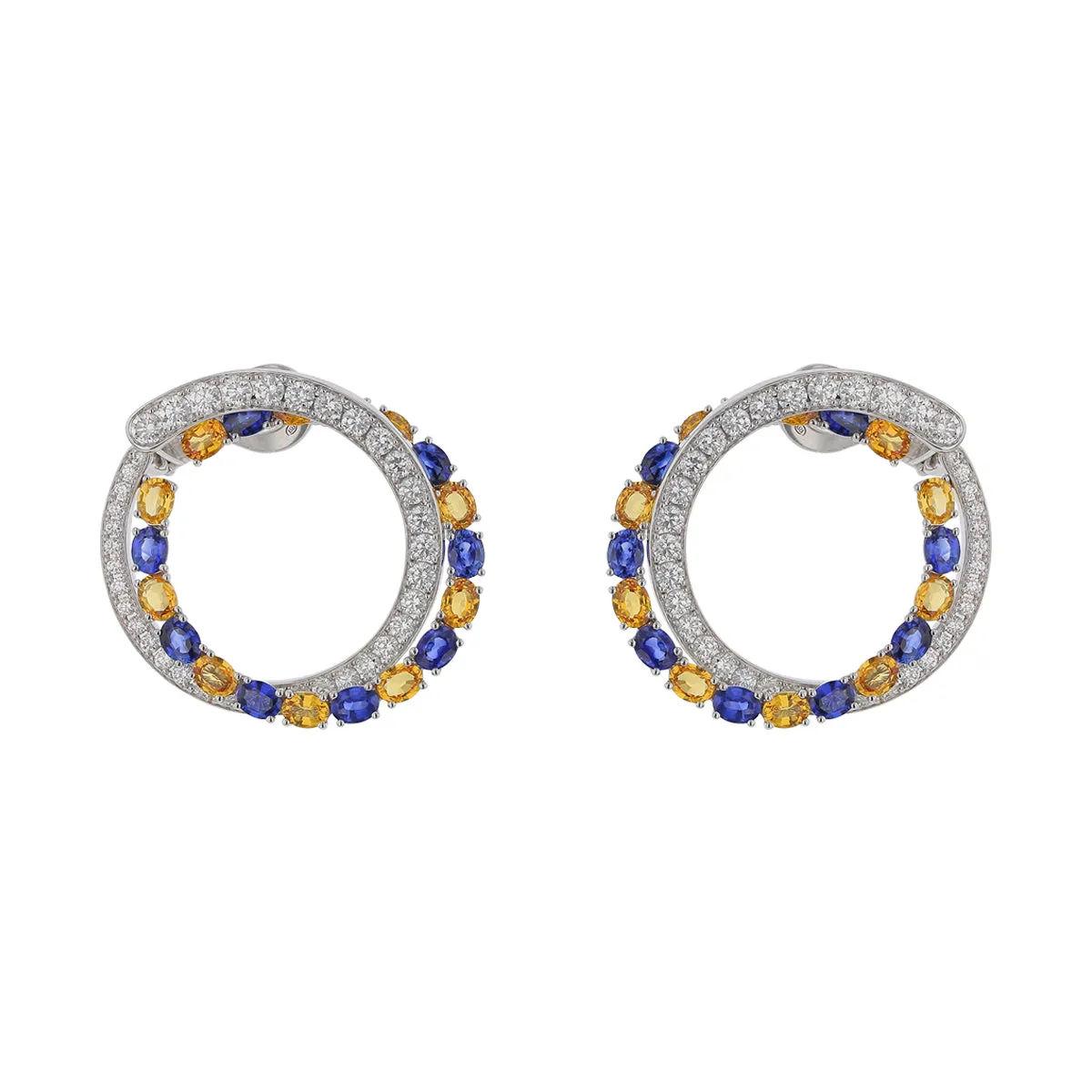 American Glamour 7.00Ct Blue and Yellow Sapphire and 2.46Ct Diamond Hoop Earrings in 18k White Gold