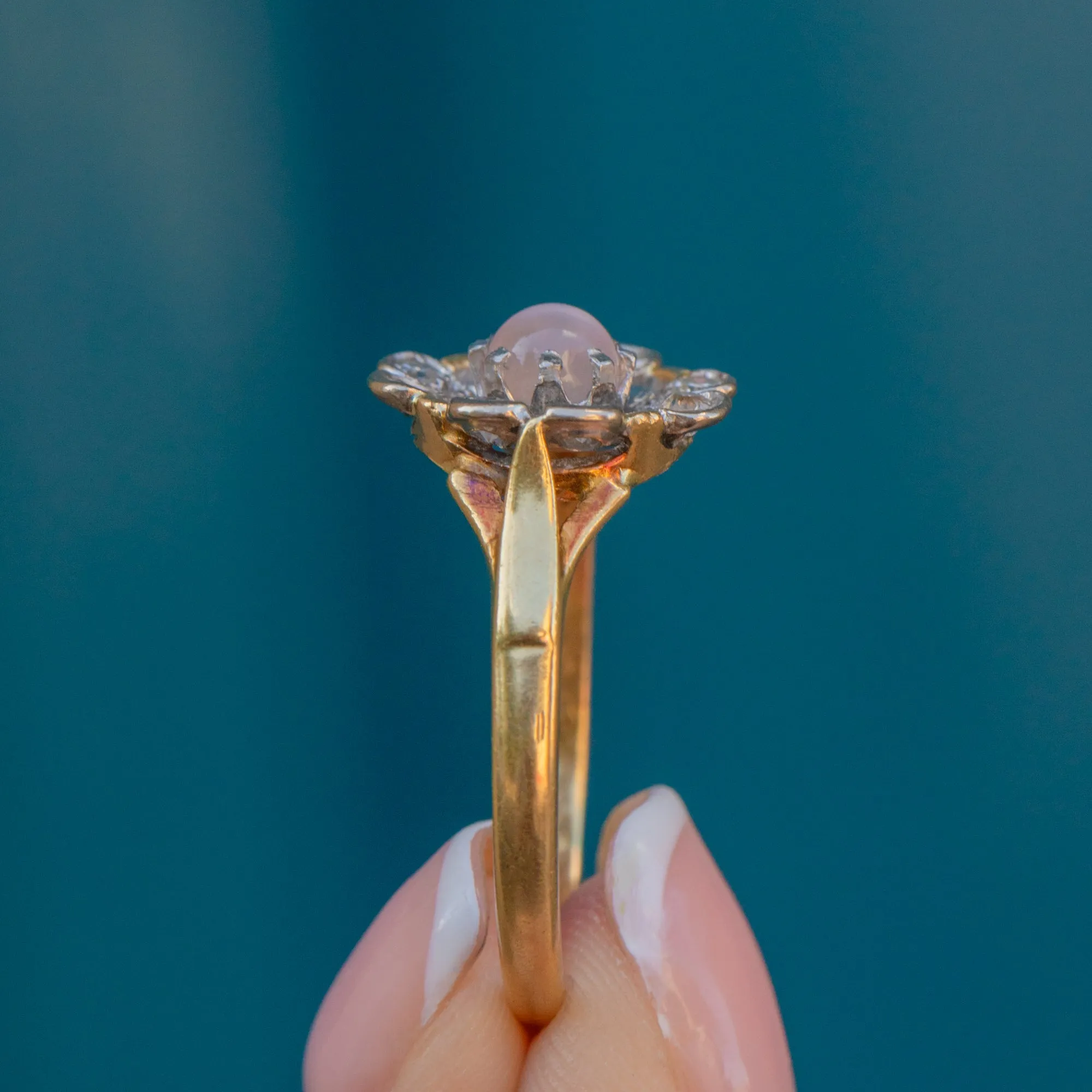 Antique 18ct Gold Moonstone Diamond Flower Ring